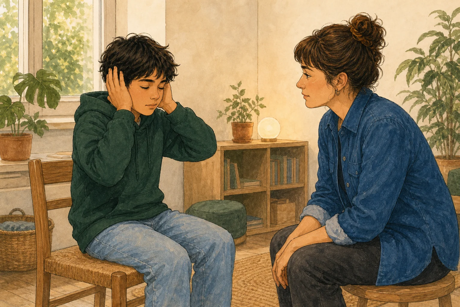 Illustration: Ein Kind hält sich die Ohren zu und eine Fachkraft gibt ihm ruhig Raum