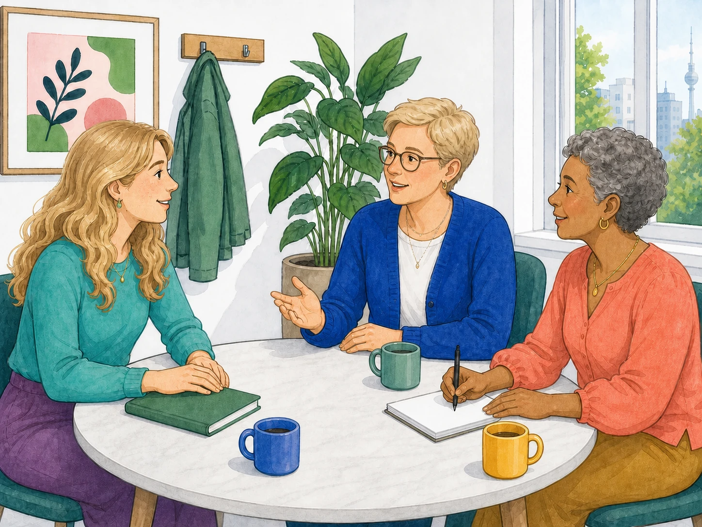 Illustration: Eine Bewerberin und zwei Teammitglieder führen ein freundliches Bewerbungsgespräch auf Augenhöhe