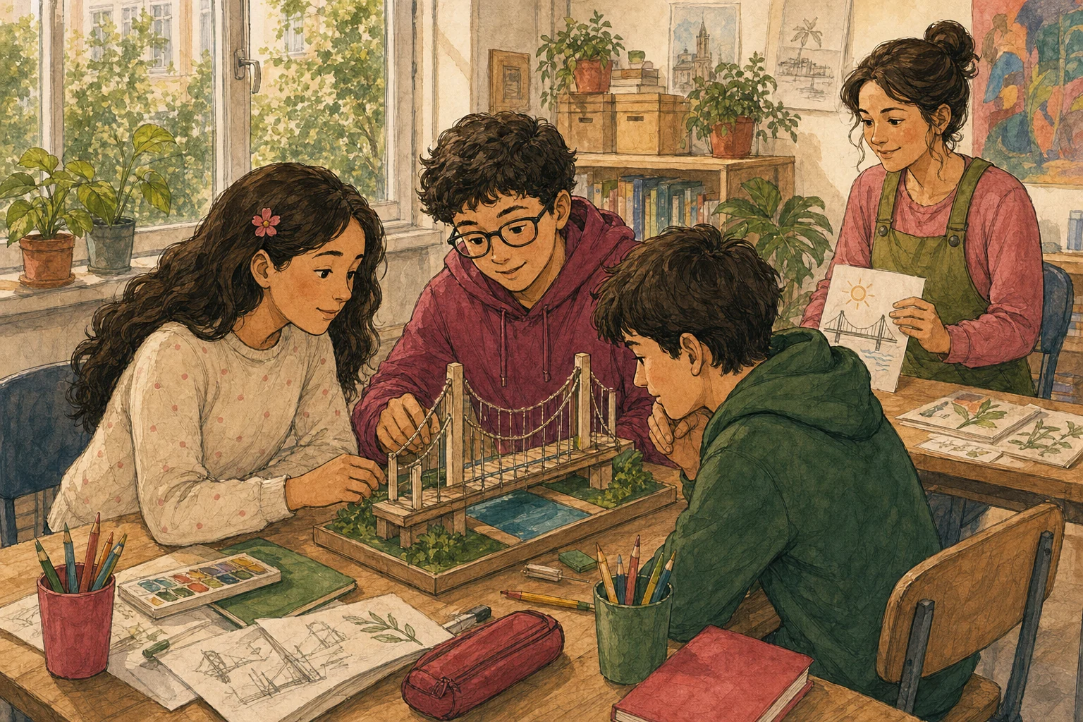 Illustration: Ein Schüler präsentiert sein Brückenmodell in der Klasse