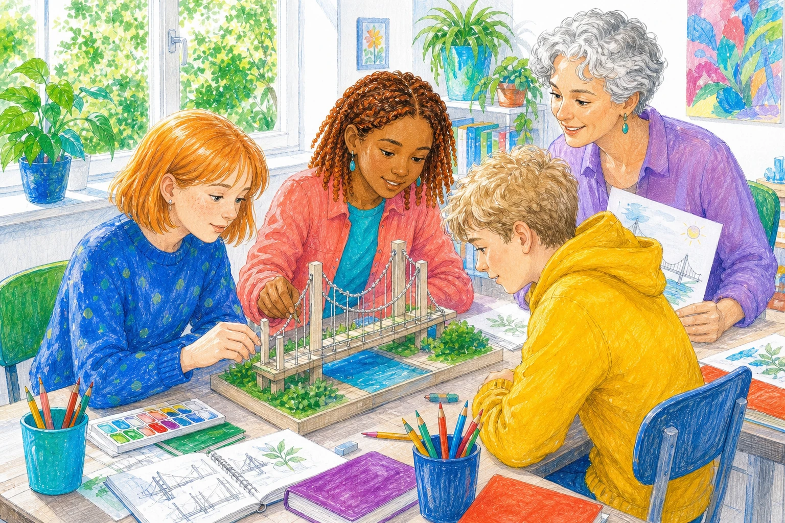 Illustration: Junge Menschen und eine Fachkraft arbeiten gemeinsam an einem Modell