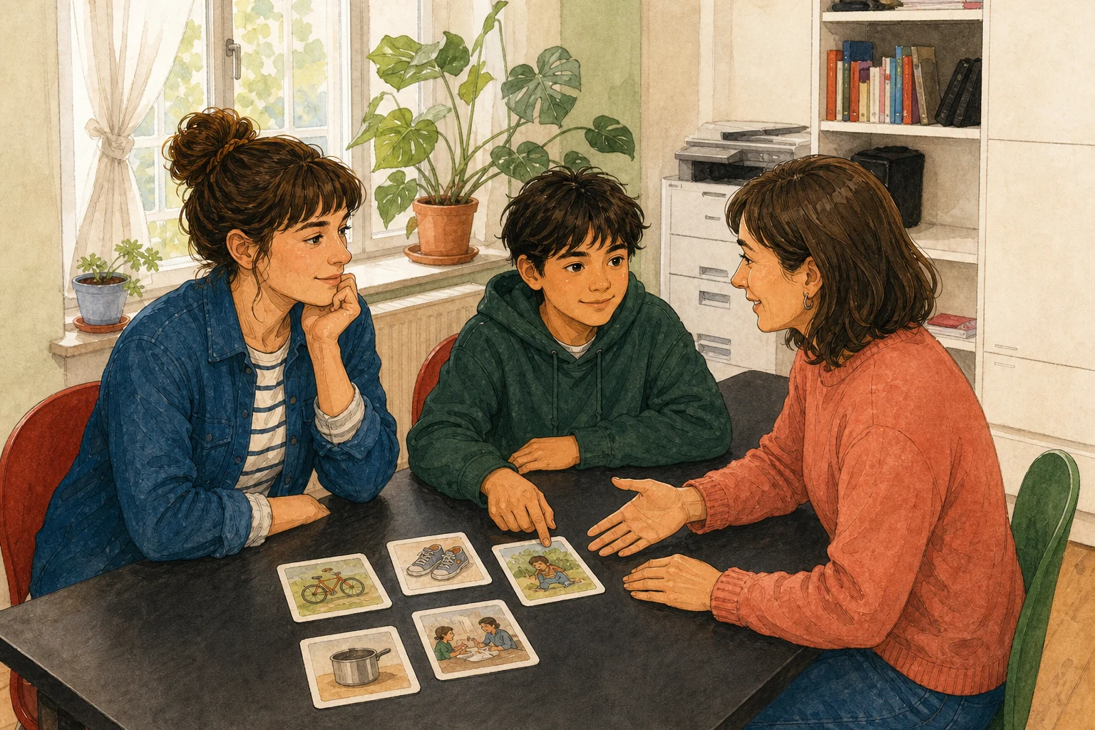 Illustration: Ein Elternteil, ein Kind und eine Fachkraft wählen gemeinsam einen alltagstauglichen nächsten Schritt
