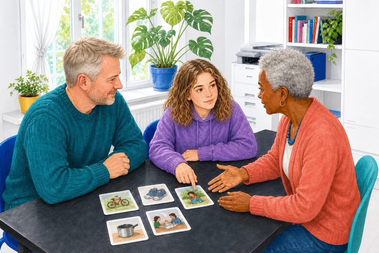 Illustration: Ein Elternteil, ein Kind und eine Fachkraft wählen gemeinsam einen alltagstauglichen nächsten Schritt