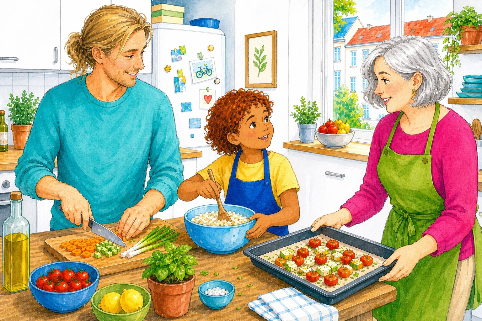Illustration: Zwei Erwachsene und ein Kind kochen gemeinsam