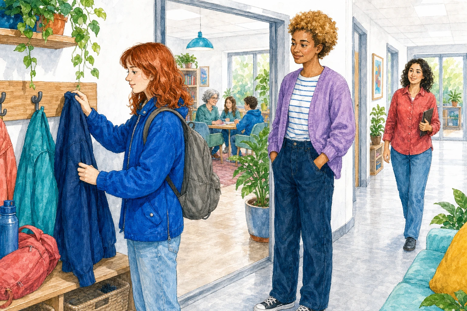 Illustration: Eine Alltagssituation mit Jacke und Tasche wird begleitet