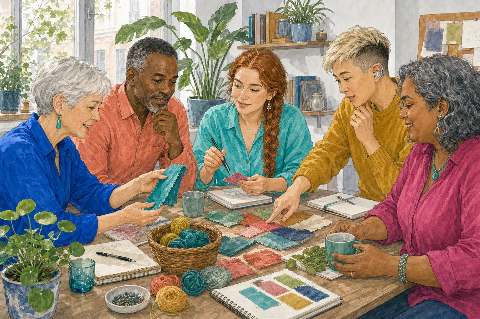 Illustration: Fachkräfte arbeiten gemeinsam mit Materialien