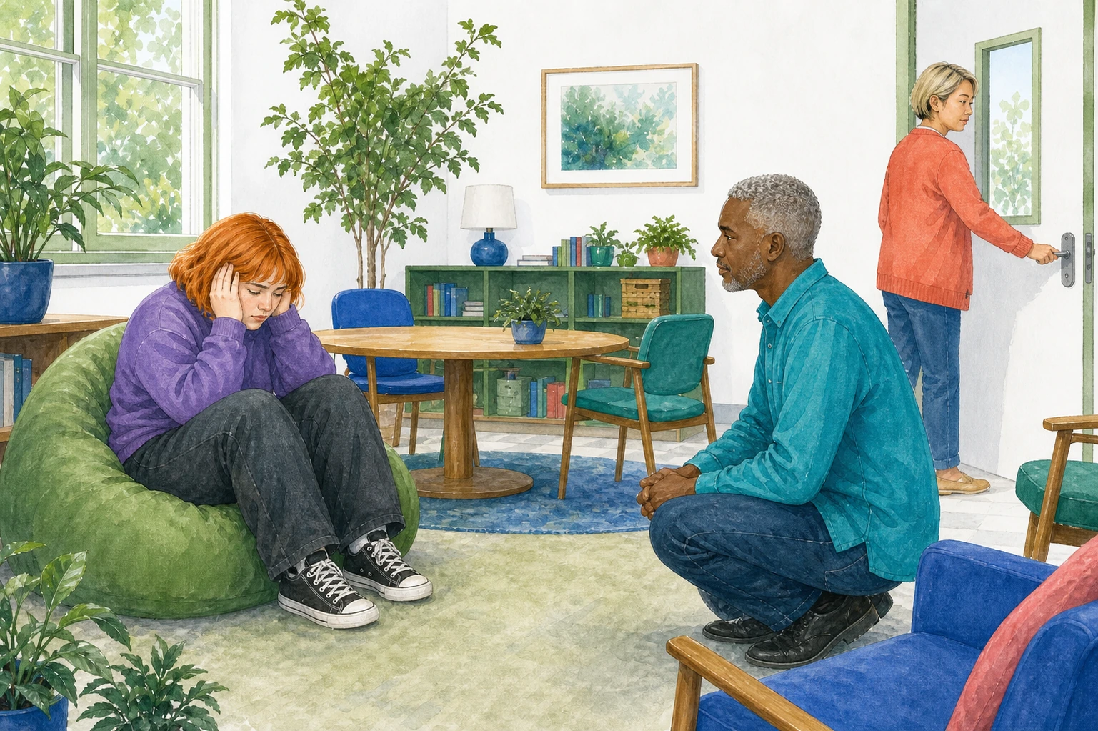 Illustration: Eine Fachkraft begleitet eine überlastete Person ruhig und mit Abstand