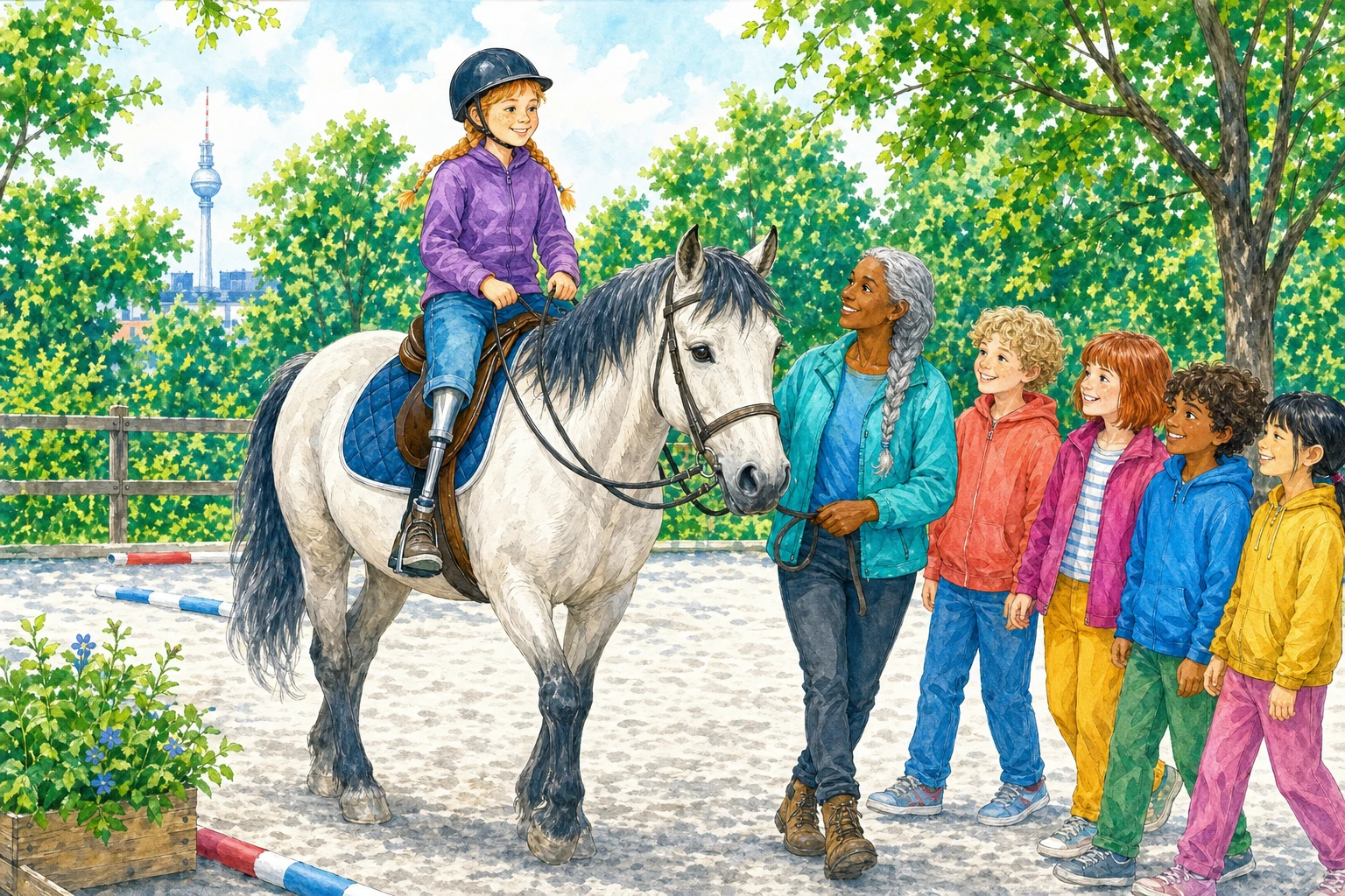 Illustration: Ein Kind mit Beinprothese reitet sicher auf einem Pferd, begleitet von einer Fachkraft und vier Kindern