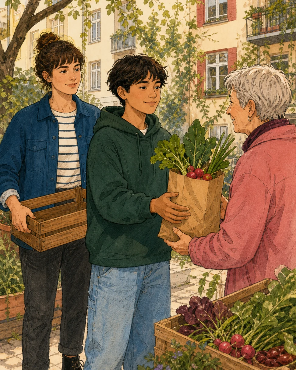 Illustration: Ein Jugendlicher überreicht einer Nachbarin selbstständig eine Tüte Gemüse, während eine Fachkraft im Hintergrund bleibt