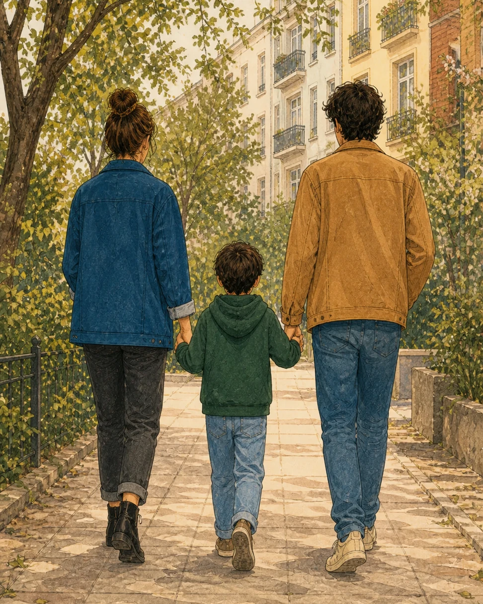 Illustration: Eine Familie geht gemeinsam einen begrünten Berliner Weg entlang; das Kind hält beide Erwachsenen an der Hand