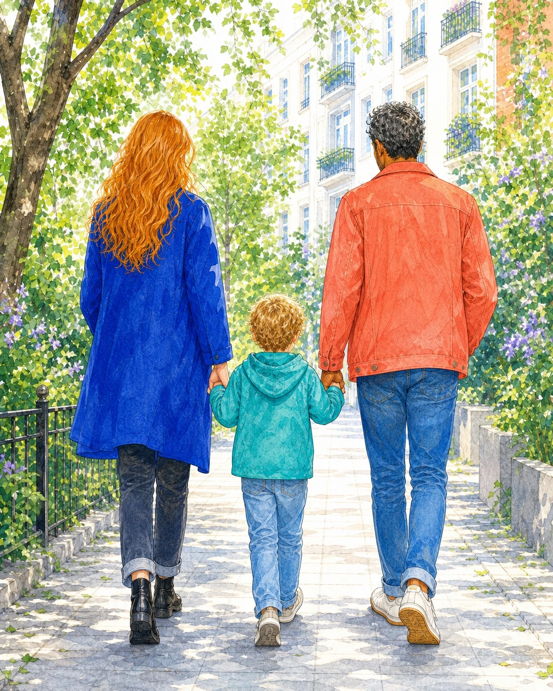 Illustration: Eine Familie geht gemeinsam einen begrünten Berliner Weg entlang; das Kind hält beide Erwachsenen an der Hand