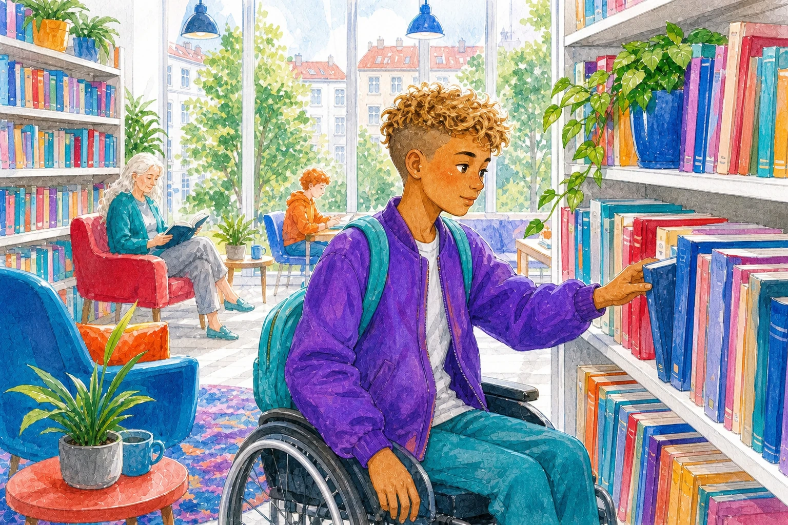 Illustration: Ein junger Mensch im Rollstuhl wählt selbstständig ein Buch in einer Bibliothek