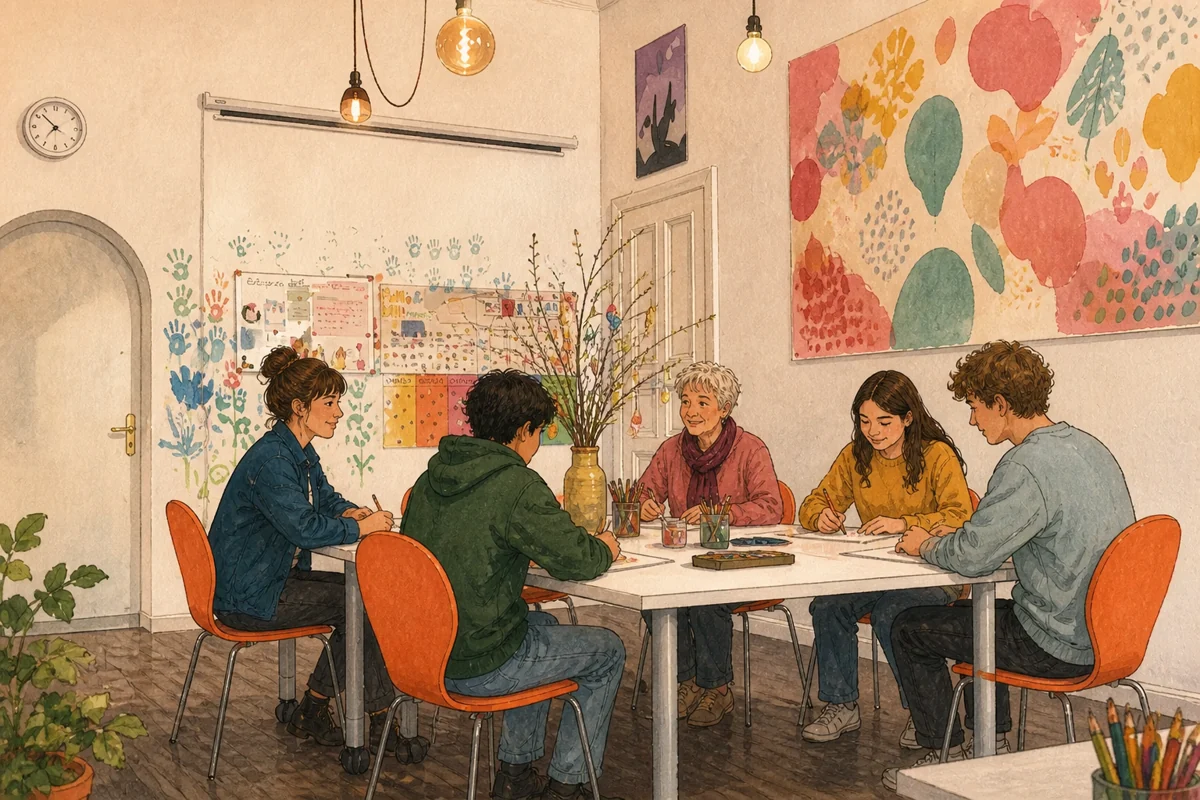 Illustration: Kinder und Jugendliche gestalten gemeinsam im Kreativ-Atelier