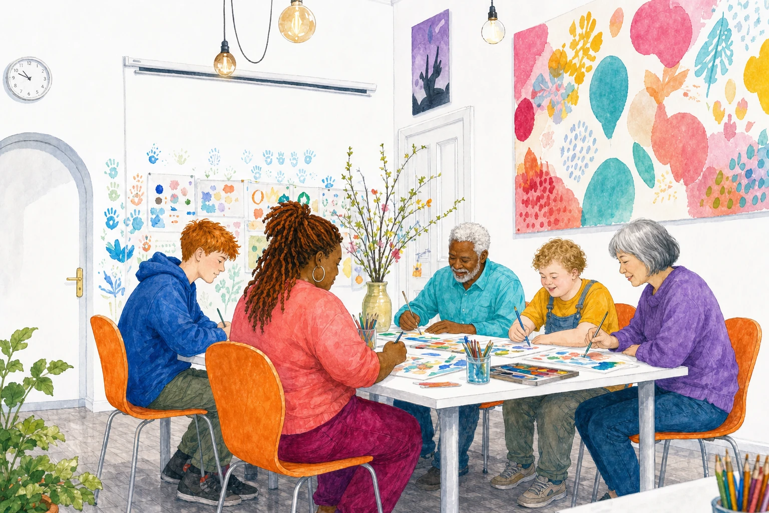 Illustration: Kinder und Jugendliche gestalten gemeinsam im Kreativ-Atelier