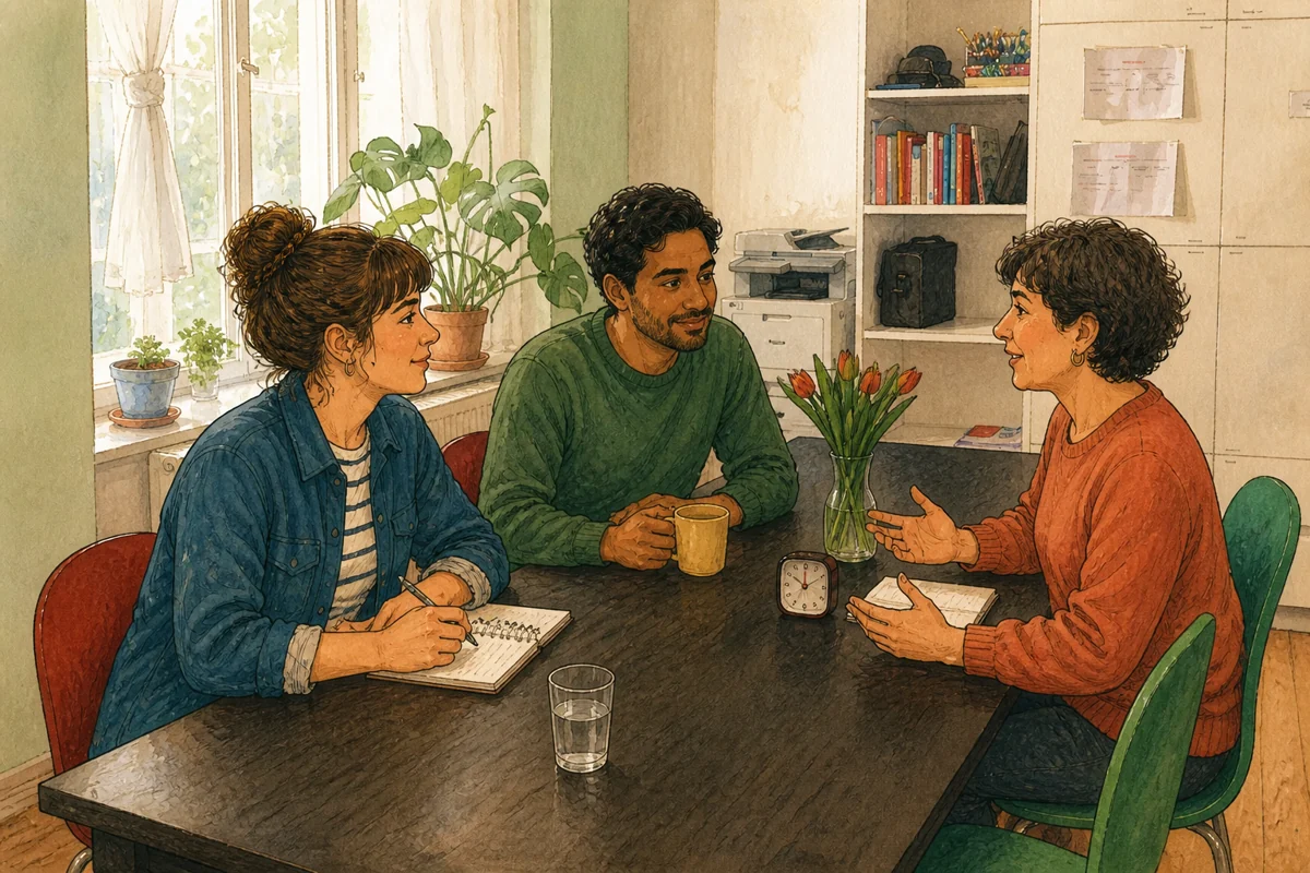 Illustration: Ein junger Mensch und zwei Fachkräfte besprechen gemeinsam die nächsten Schritte