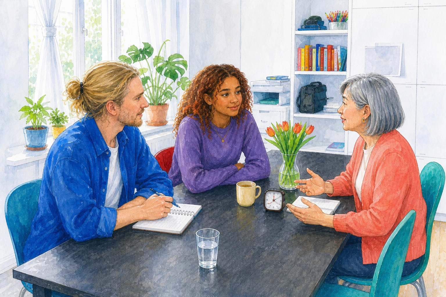 Illustration: Ein junger Mensch und zwei Fachkräfte besprechen gemeinsam die nächsten Schritte