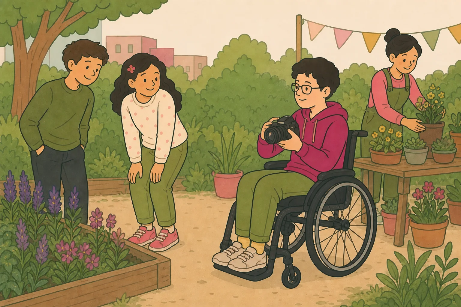 Illustration: Ein Jugendlicher im Rollstuhl hält eine Kamera mit beiden Händen