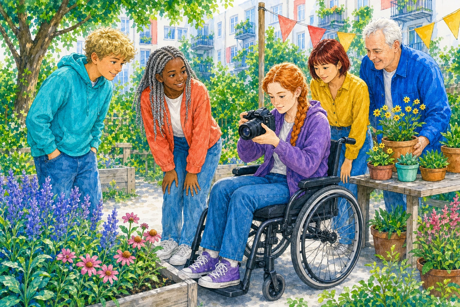 Illustration: Eine Jugendliche im Rollstuhl fotografiert gemeinsam mit anderen jungen Menschen in einem Garten